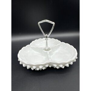 Fenton Hobnail 3 Section Divided Relish Tidbit Tray Chrome Handle Milk Glass VTG